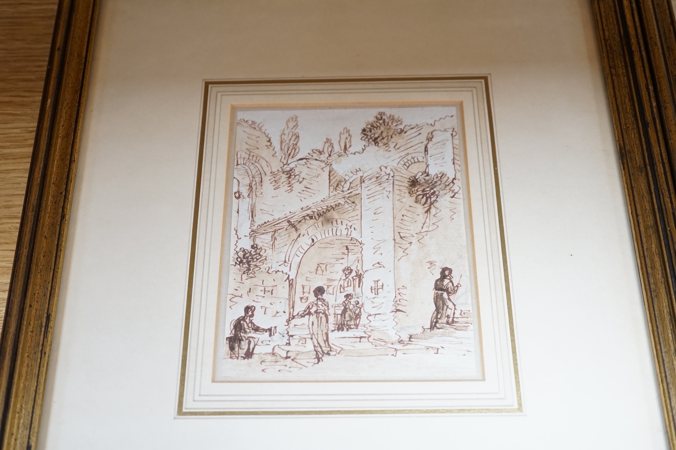 Four 18th/19th century Italian sepia ink sketches, including 'Figures near A Vasca, perhaps at Naples', largest 14 x 11cm. Condition - fair, some minor discolouration commensurate with age